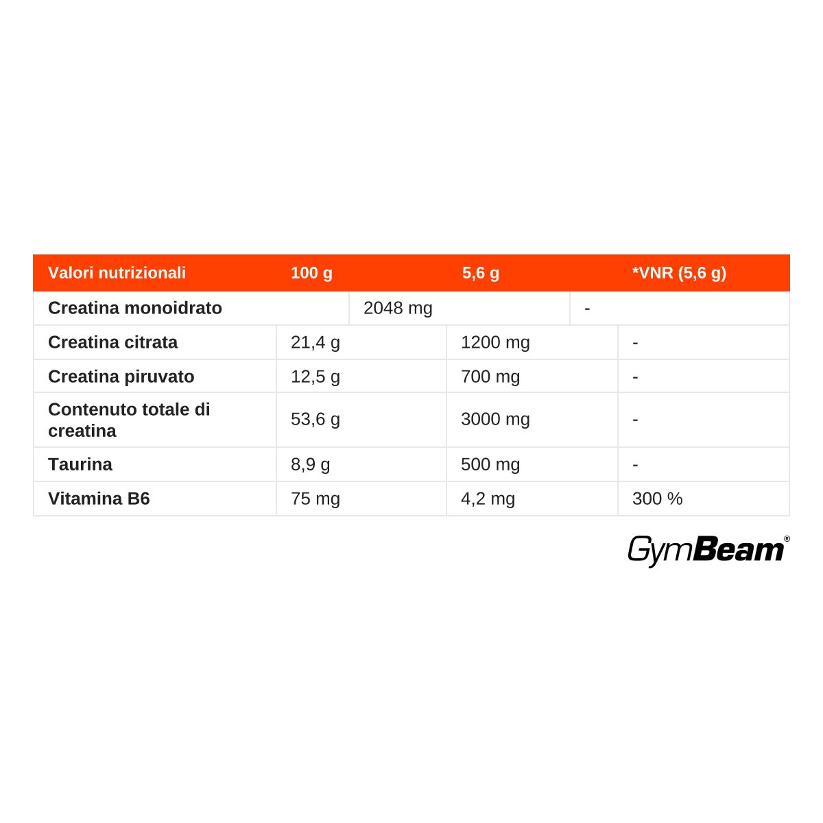 Tabella nutrizionale per la polvere di creatina GymBeam Crea3Max con taurina e vitamina B6.