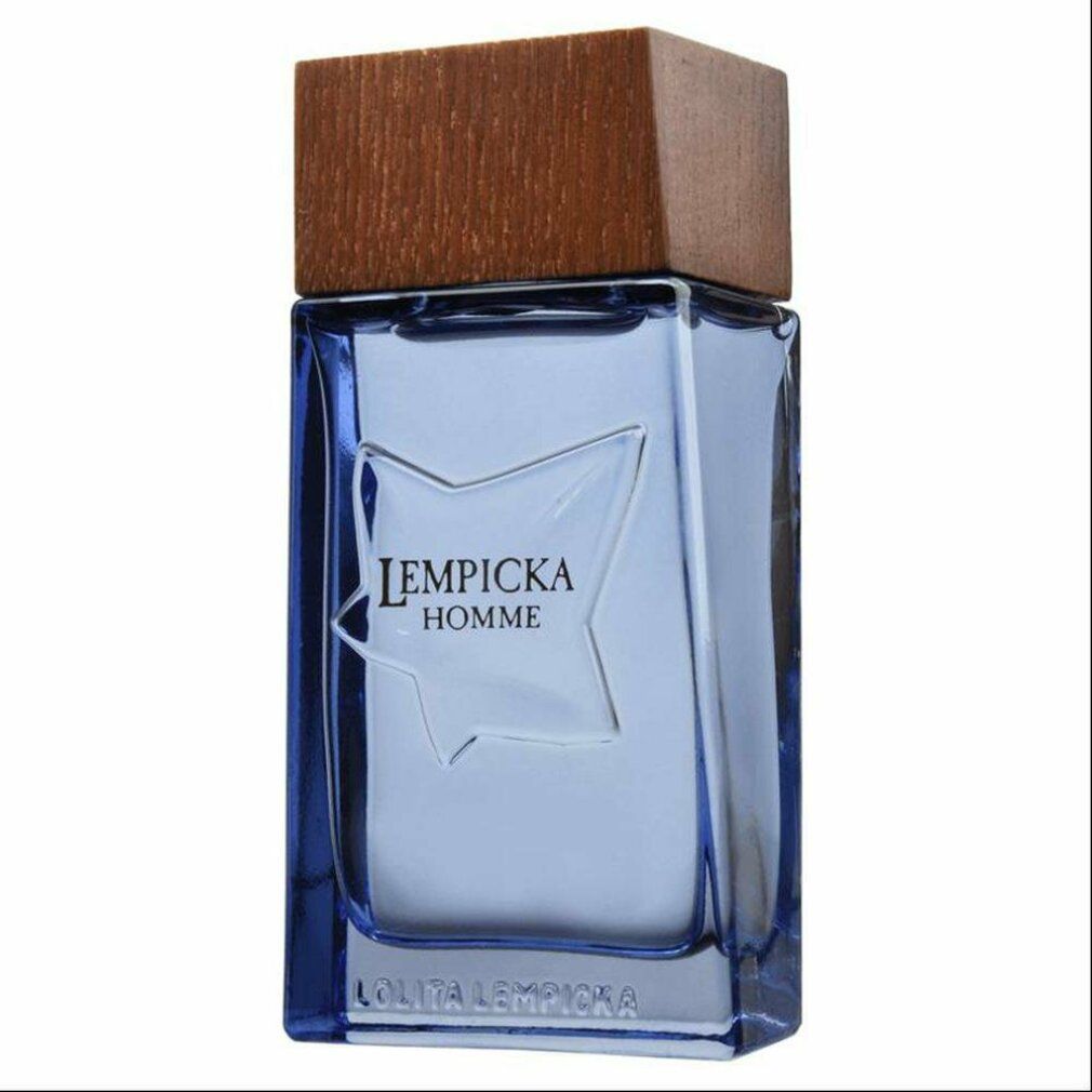 Flacone blu con tappo in legno. Scritta: Lempicka Homme. Flacone con motivo a stella. Scritta: Lolita Lempicka.