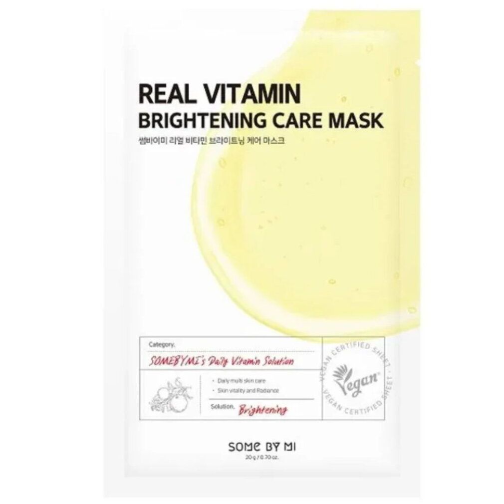 SOMEBYMI Real Vitamin Brightening Care Mask, confezione singola con motivo al limone e sigillo vegano.