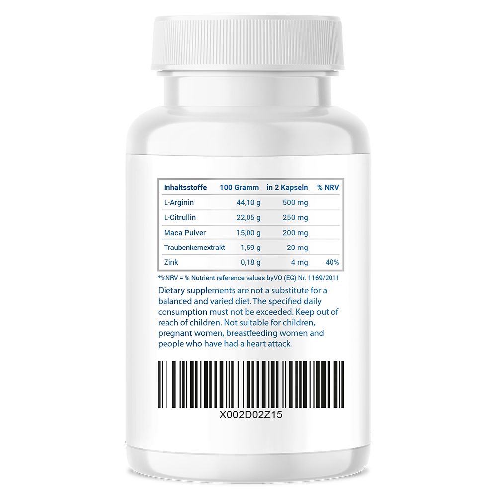 Retro di un flacone bianco di capsule. Testo: Ingredienti, informazioni nutrizionali, avvertenze, codice a barre.