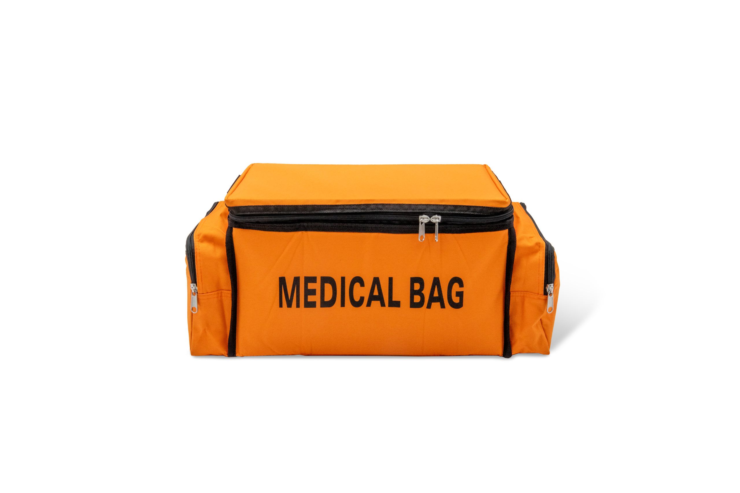 Borsa medica arancione con cerniera nera e scritta "MEDICAL BAG".