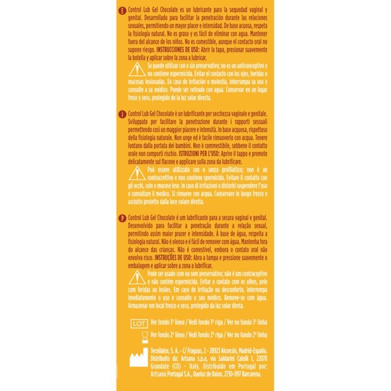 Control Lub Gel Cioccolato lubrificante, vista laterale con marchio CE e numero di lotto.