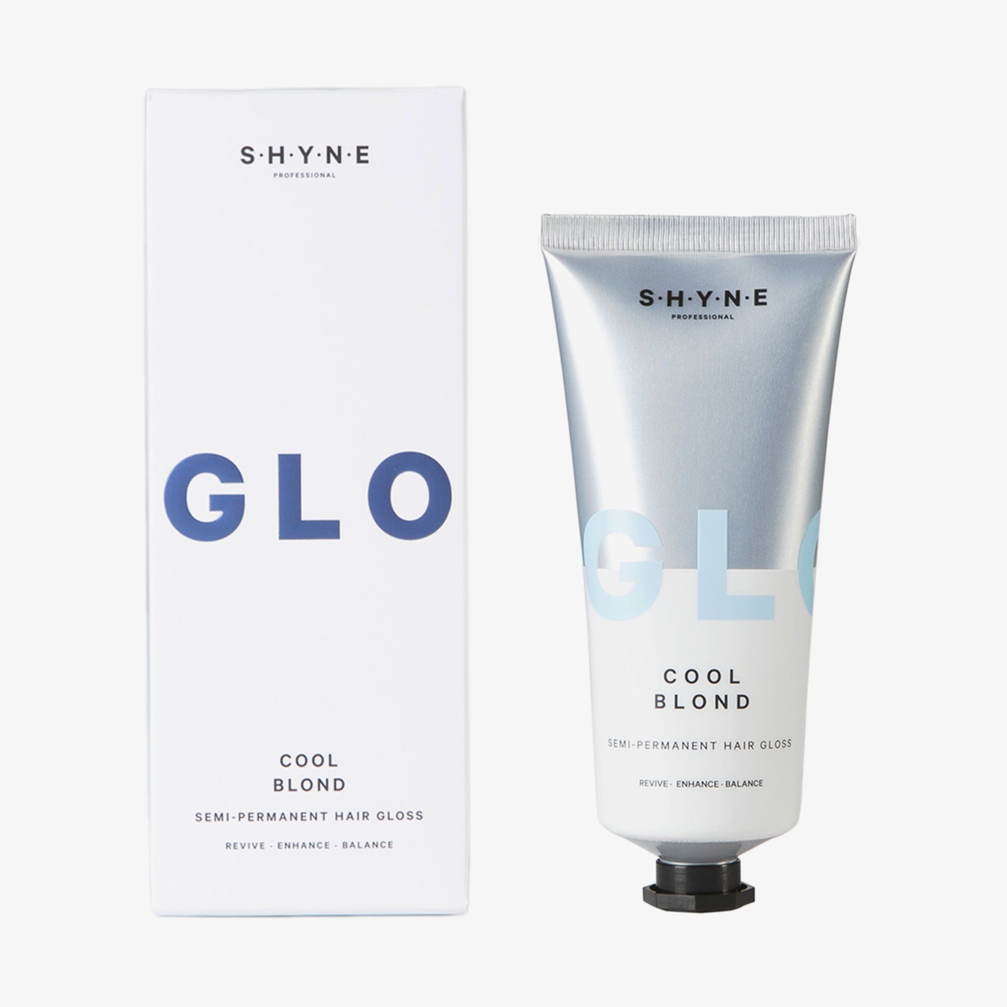 Confezione prodotto con tubo. Scritta: SHYNE, GLO, COOL BLOND. Denominazione prodotto: Semi-Permanent Hair Gloss. Confezione bianca.