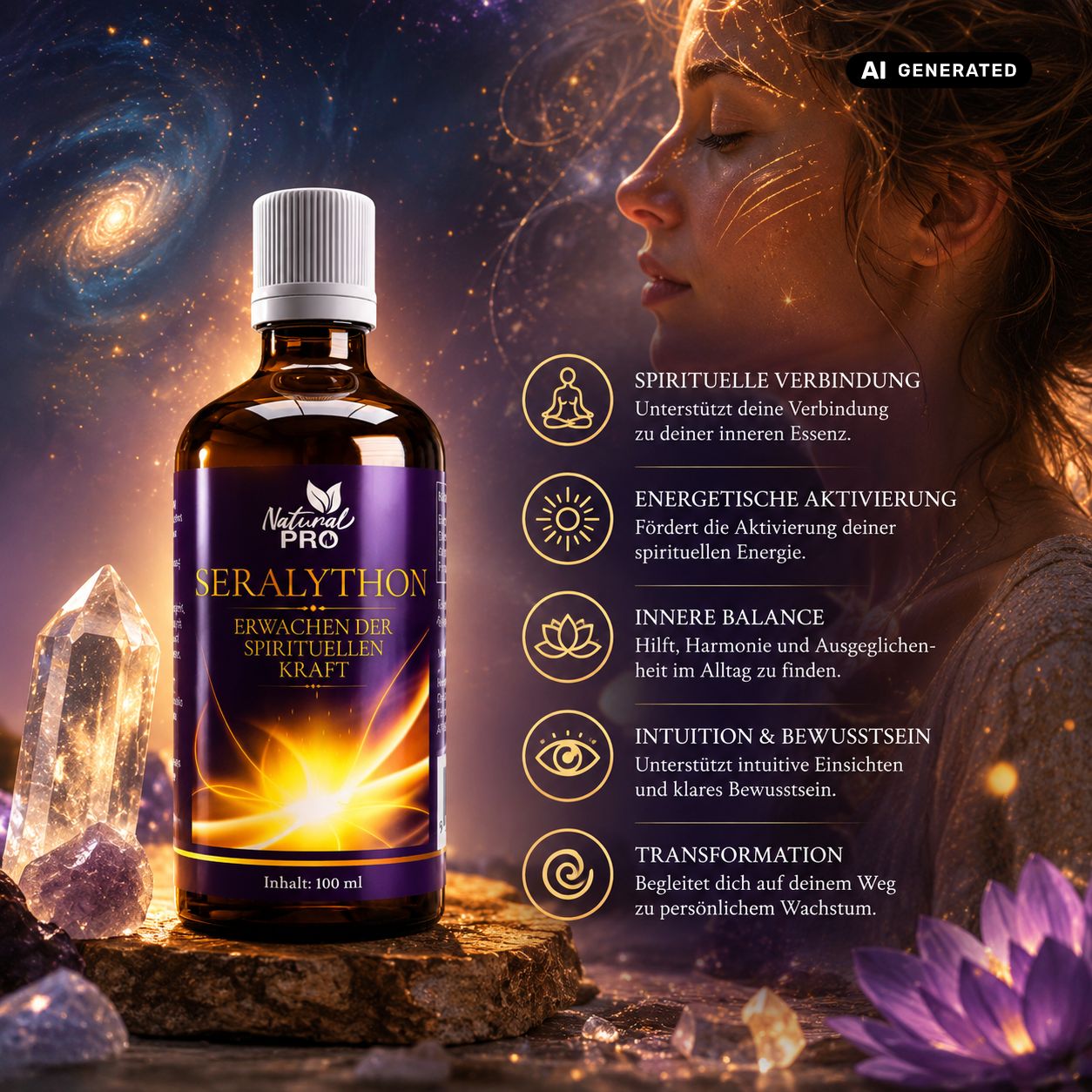 Flacone in vetro marrone con etichetta viola "Natural PRO SERALYTHON". Accanto, donna con occhi chiusi e simboli spirituali.