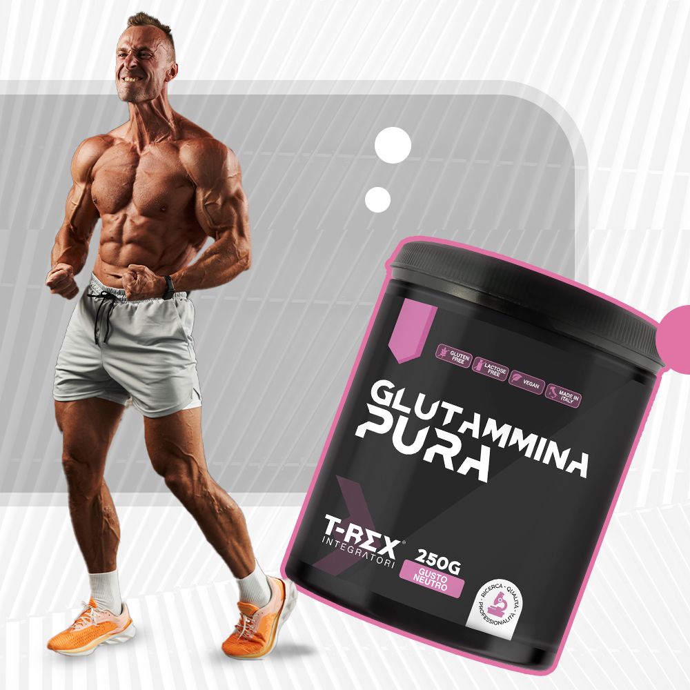 Uomo muscoloso posa vicino a barattolo GLUTAMMINA PURA. 250g, gusto neutro. T-Rex Integratori.