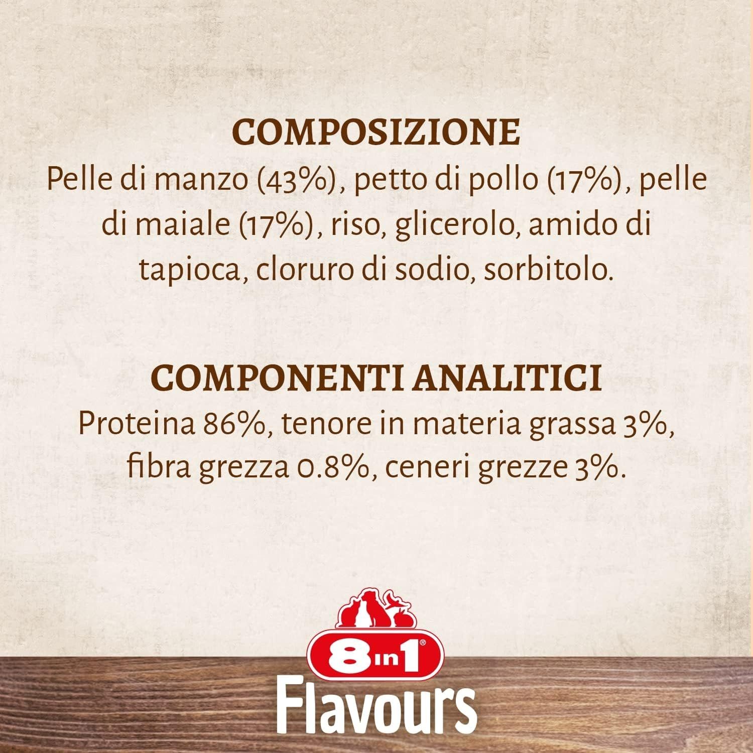 Composizione: Pelle di manzo, petto di pollo, pelle di maiale, riso, glicerolo. Componenti analitici: Proteine 86%, contenuto di grassi 3%.