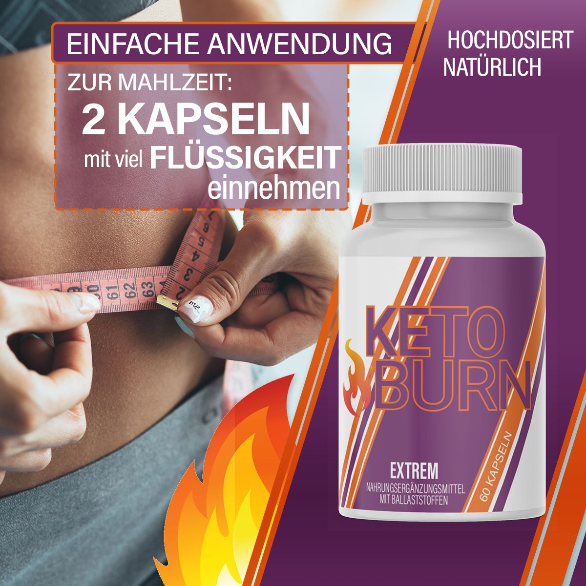 Flacone bianco con etichetta viola-arancione. Scritta: KETO BURN, EXTREM, 60 capsule. Persona misura la vita.