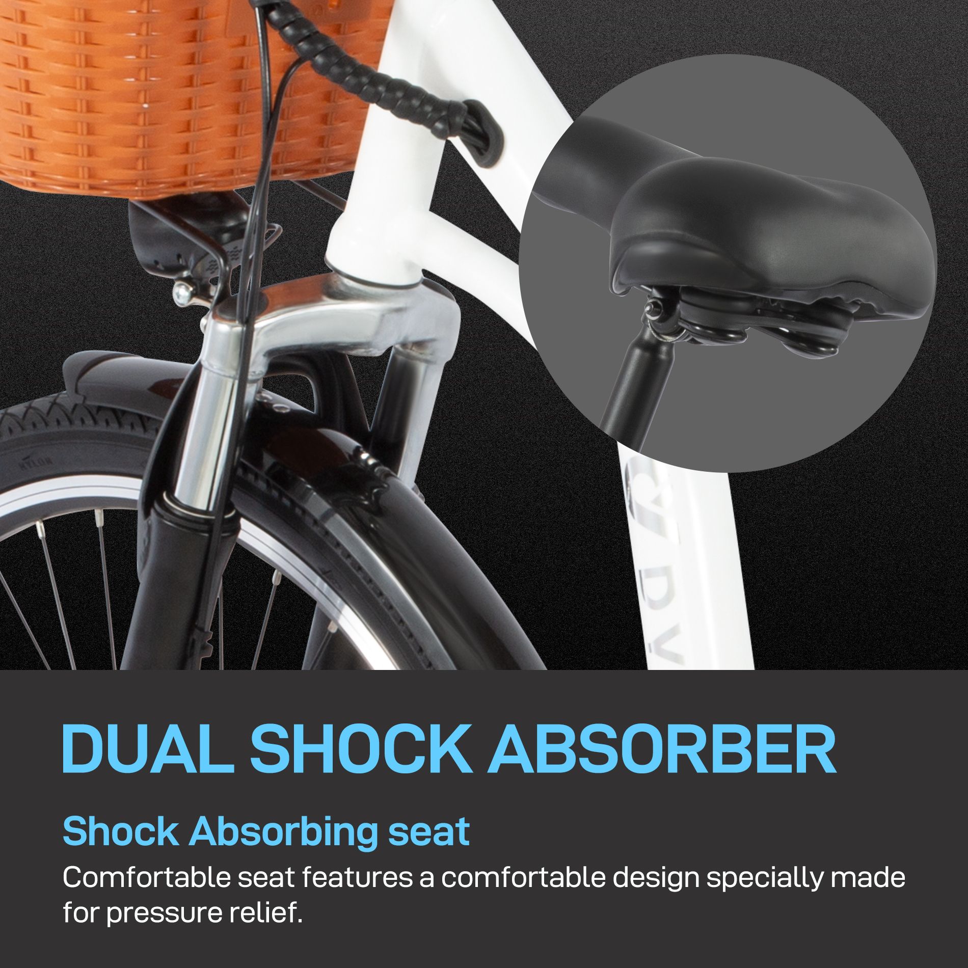 Primo piano della sella della bici. Testo: Ammortizzatore doppio, sedile ammortizzante.