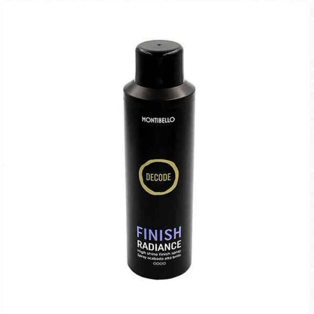 Flacone spray nero con tappo nero. Scritte: Montibello, DECODE, FINISH RADIANCE. Spray di finitura ad alta lucentezza.