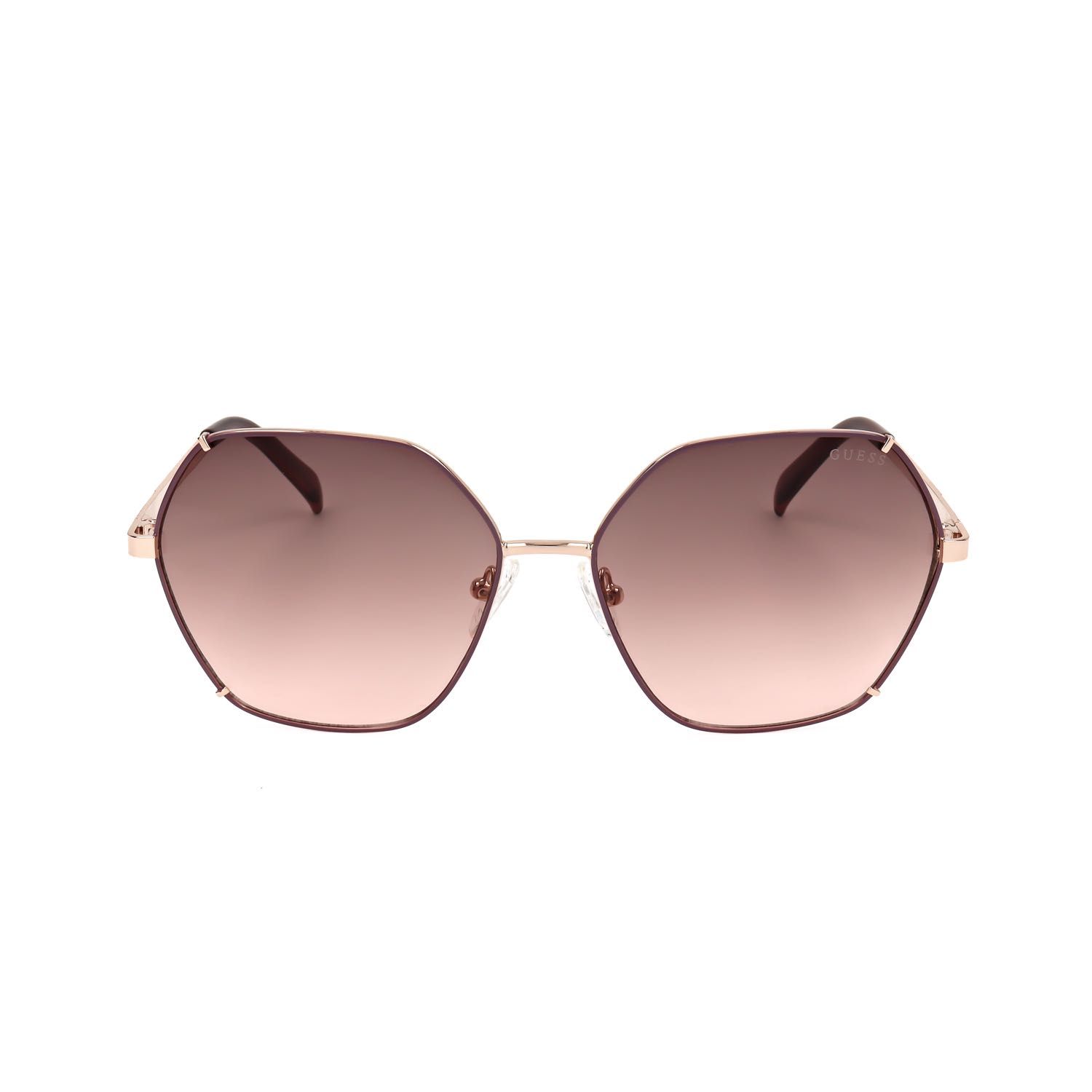 Occhiali da sole geometrici con montatura color oro rosa e lenti sfumate marroni.