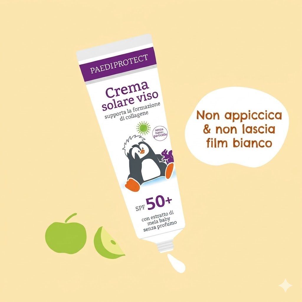 Tubo crema solare con pinguino. SPF 50+. Testo: Non appiccica e non lascia film bianco.