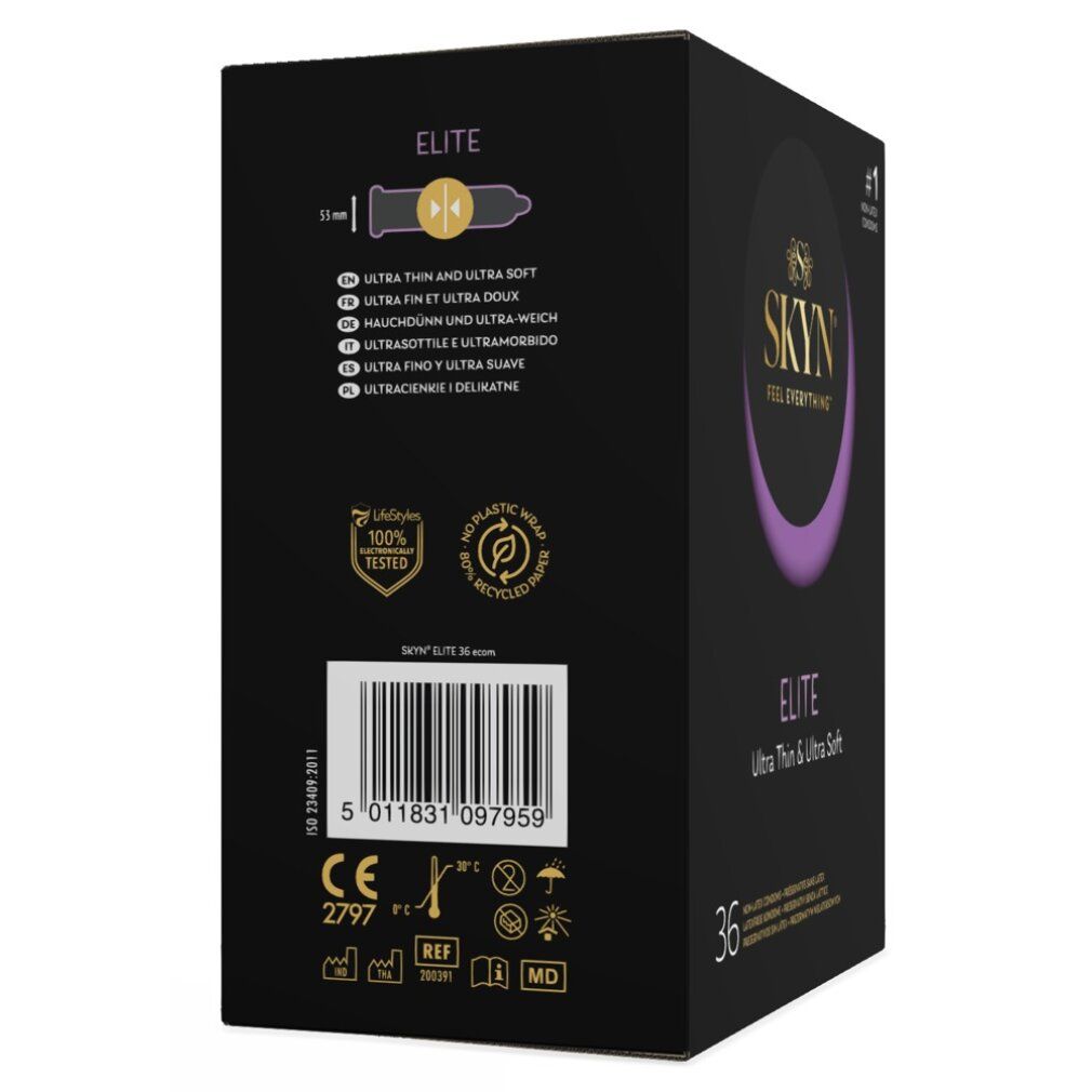 Retro della confezione di preservativi SKYN Elite. Informazioni su dimensioni, ingredienti e certificazioni.