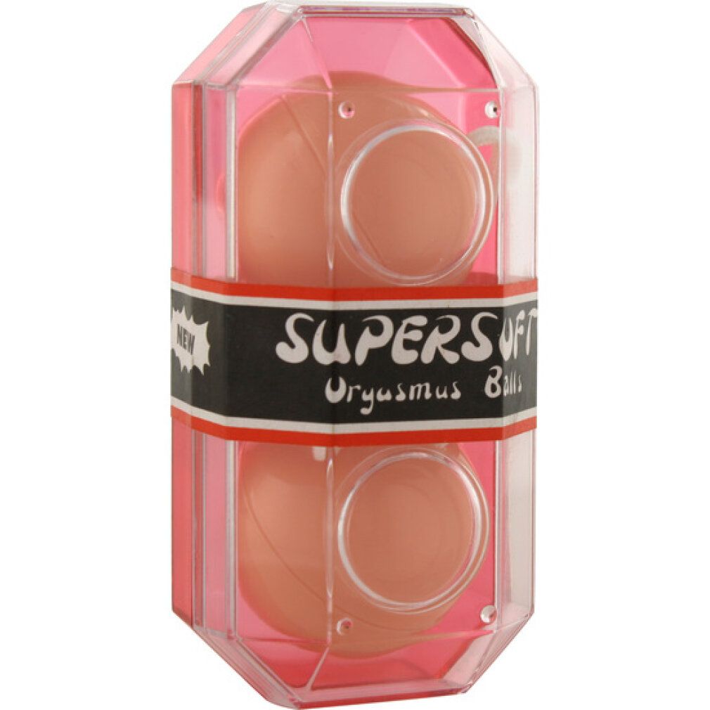 Due sfere in confezione rosa. Scritta "SUPERSOFT Orgasmische Bälle". Banda nera con "NEW".
