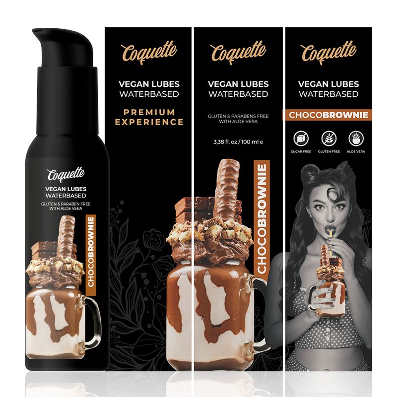 Prodotto con confezione. Flacone nero e confezione. Scritta: Coquette, Vegan Lubes Waterbased, ChocoBrownie. Immagine di milkshake.