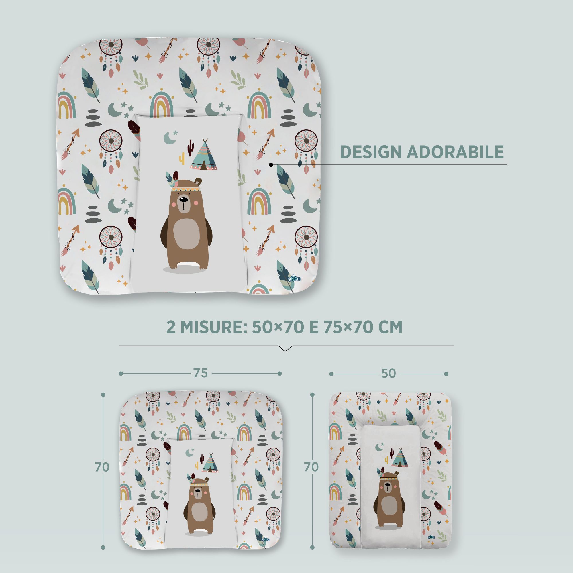 Materassino per fasciatoio con motivi di piume, arcobaleni e acchiappasogni. Due misure: 50x70 e 75x70 cm. Design adorabile.