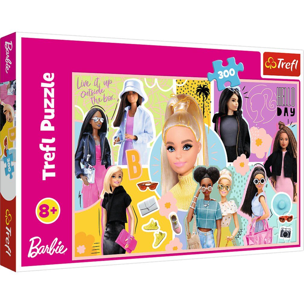 Scatola puzzle Barbie. Confezione rosa con illustrazioni Barbie, logo, età consigliata e 300 pezzi.