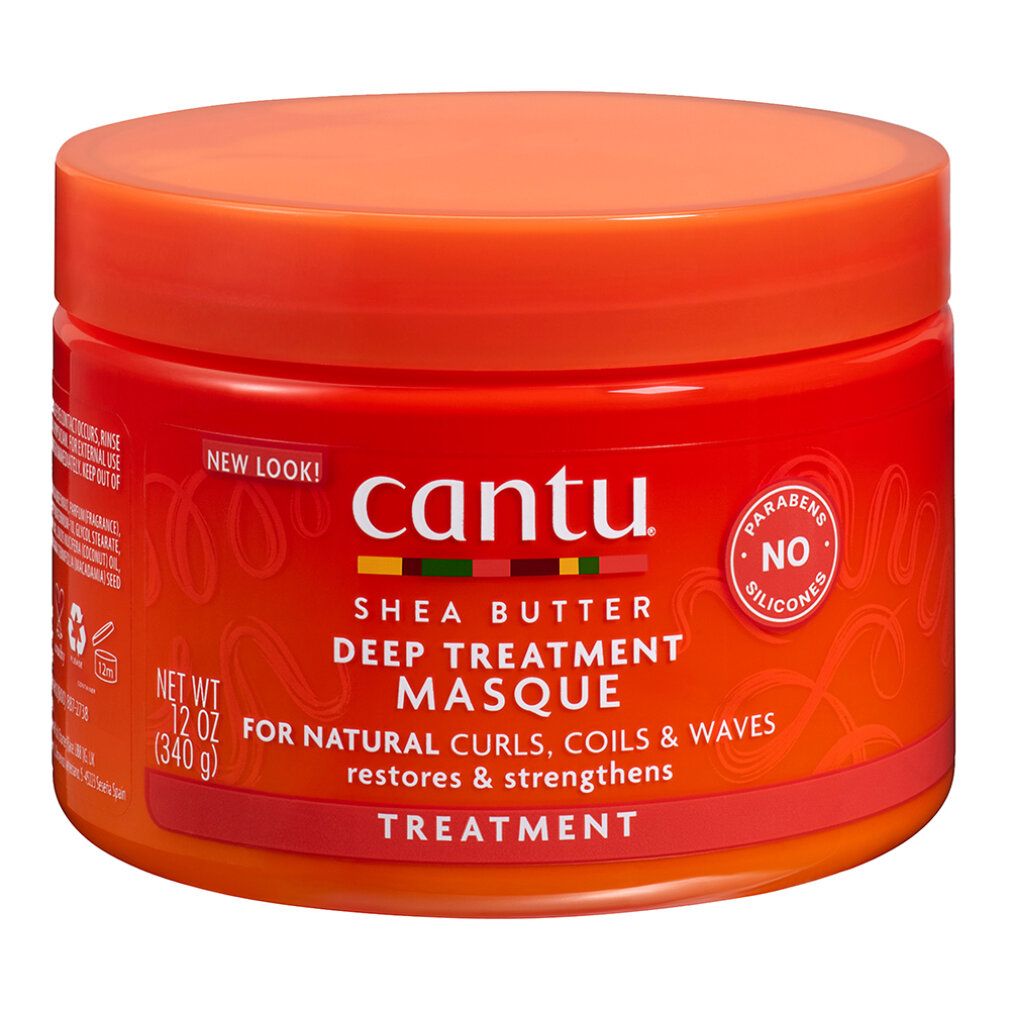 Contenitore rotondo con etichetta rossa e coperchio arancione. L'etichetta riporta "Cantu Shea Butter Deep Treatment Masque".