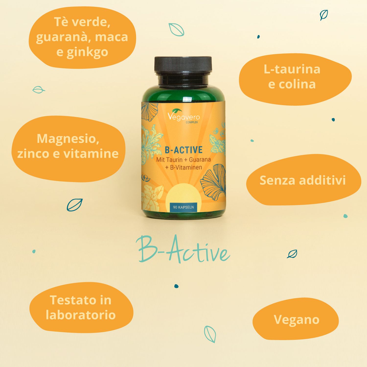 Flacone B-ACTIVE su sfondo giallo. Informazioni aggiuntive: tè verde, maca, ginkgo, L-taurina, colina, magnesio, zinco, vitamine.