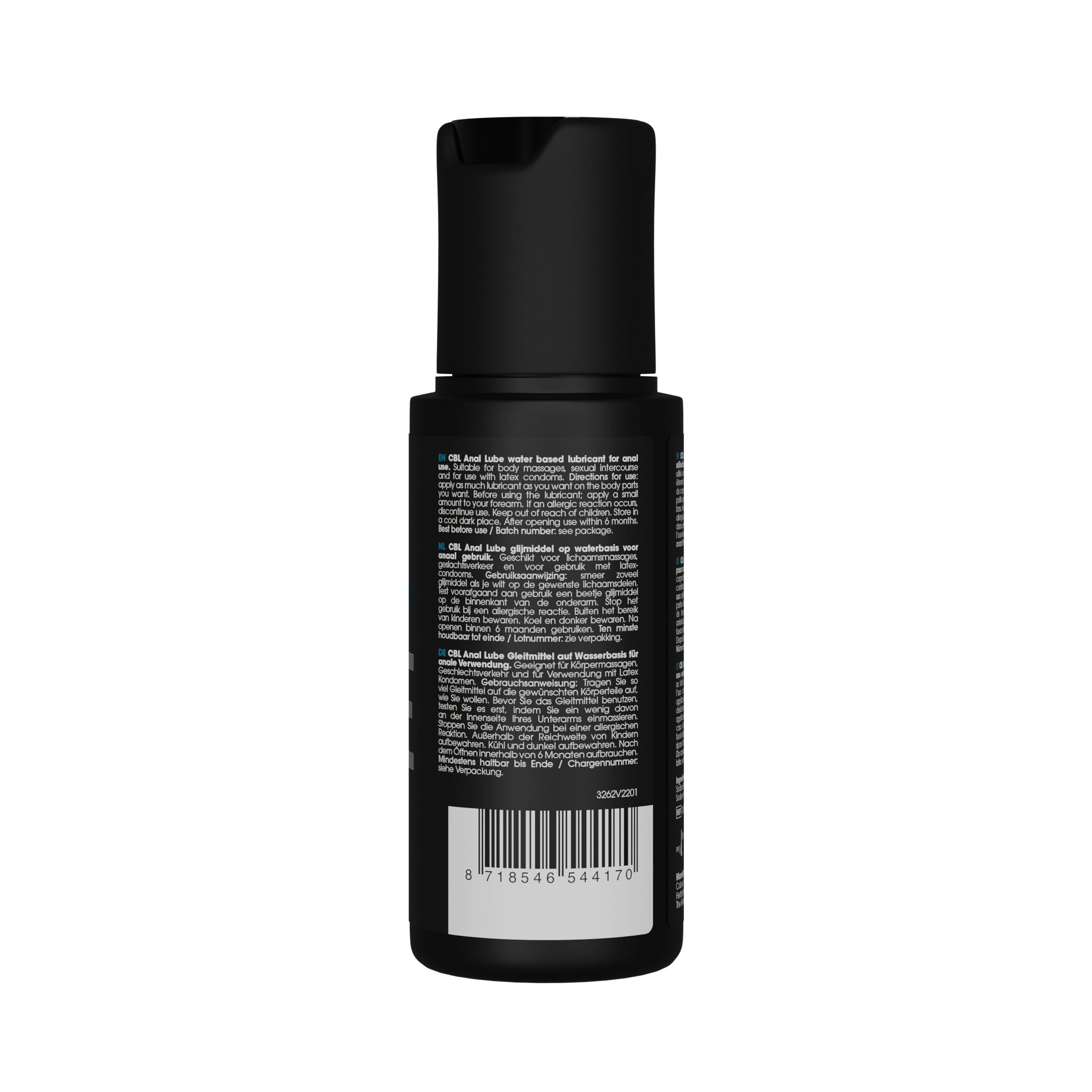 Retro di un flacone nero. Testo in più lingue. Codice a barre. Marchio: Cobeco Body Lube.