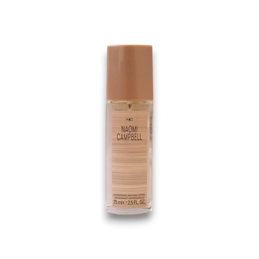 Spray deodorante. Flacone rettangolare, tappo marrone. Scritta: Naomi Campbell. 75 ml.