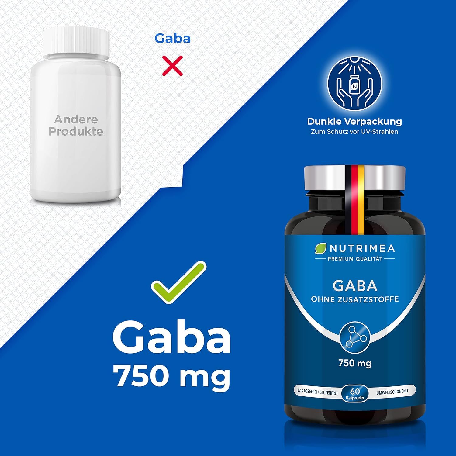 Confronto: flacone bianco vuoto vs. flacone GABA. Flacone GABA con etichetta blu, 750 mg, 60 capsule. Con bandiera tedesca.