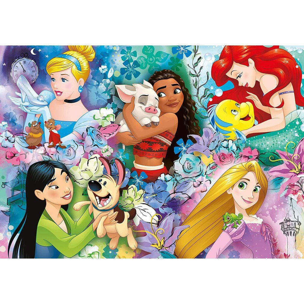 Puzzle con Principesse Disney, 60 pezzi. Illustrazioni di Cenerentola, Mulan, Moana, Ariel, Rapunzel. Sfondo floreale.