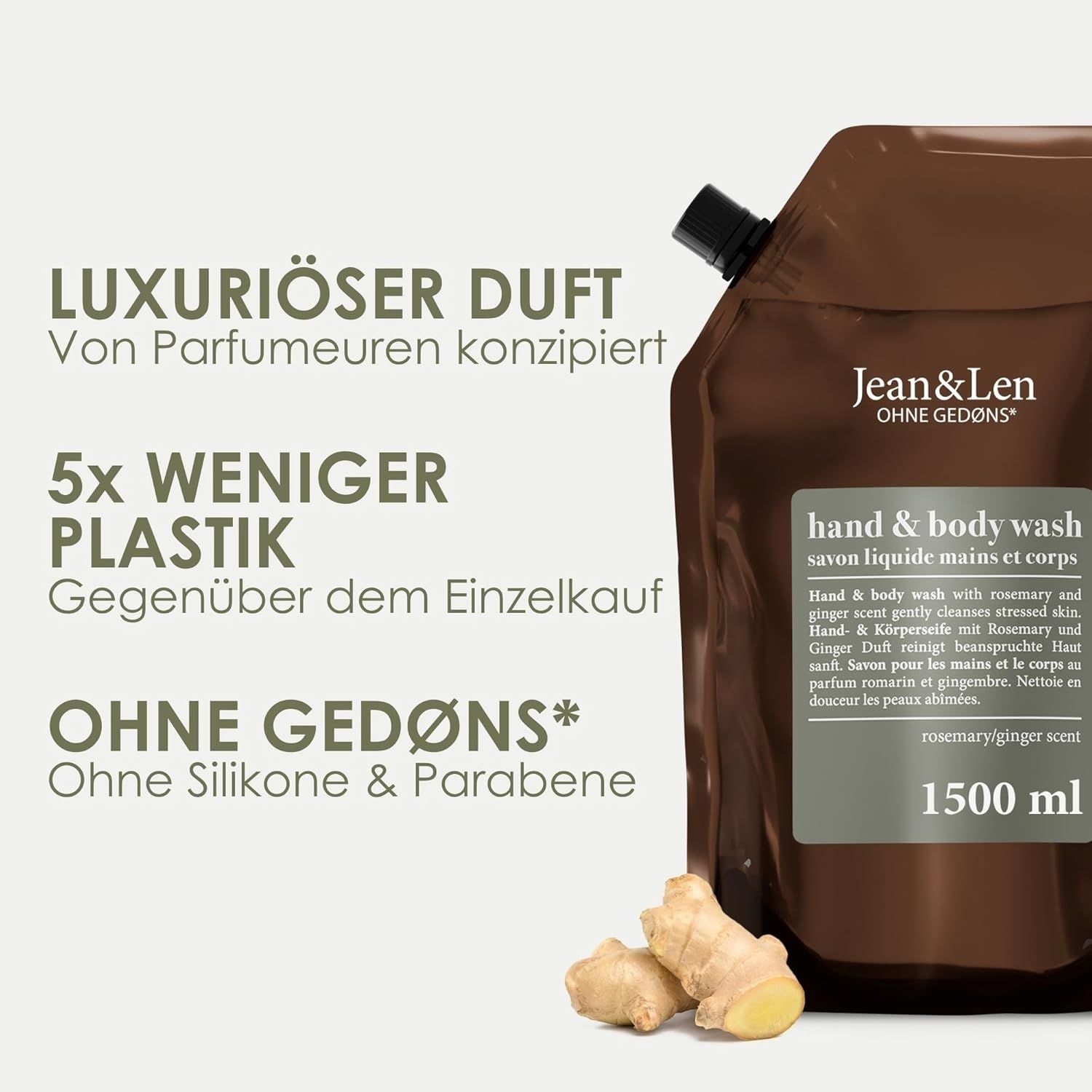 Ricarica marrone con tappo nero. Scritta: Jean & Len, Hand & Body Wash, rosmarino e zenzero. 1500 ml.