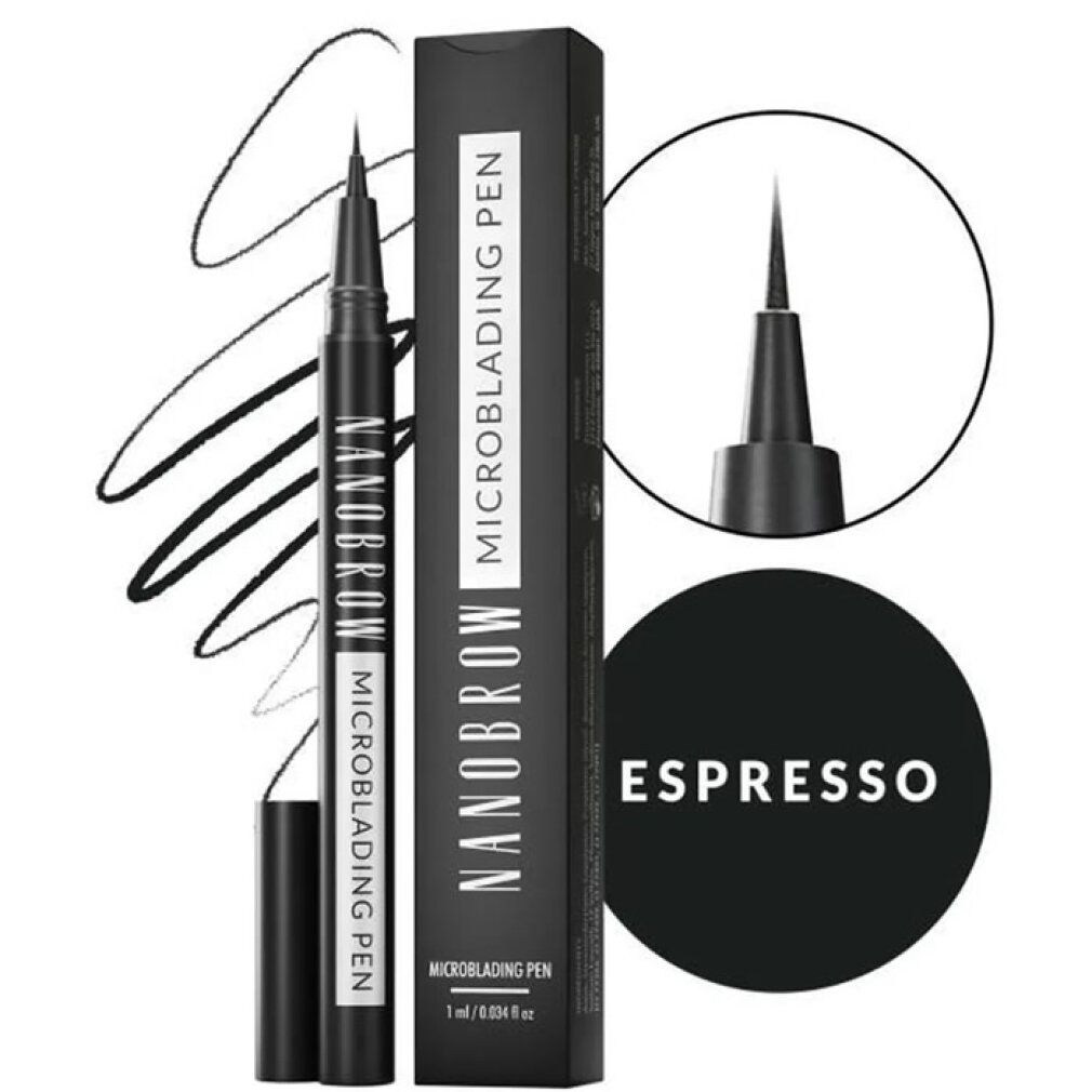 Penna nera "Nanobrow Microblading Pen". Confezione nera con nome del prodotto e "Espresso" in un cerchio.
