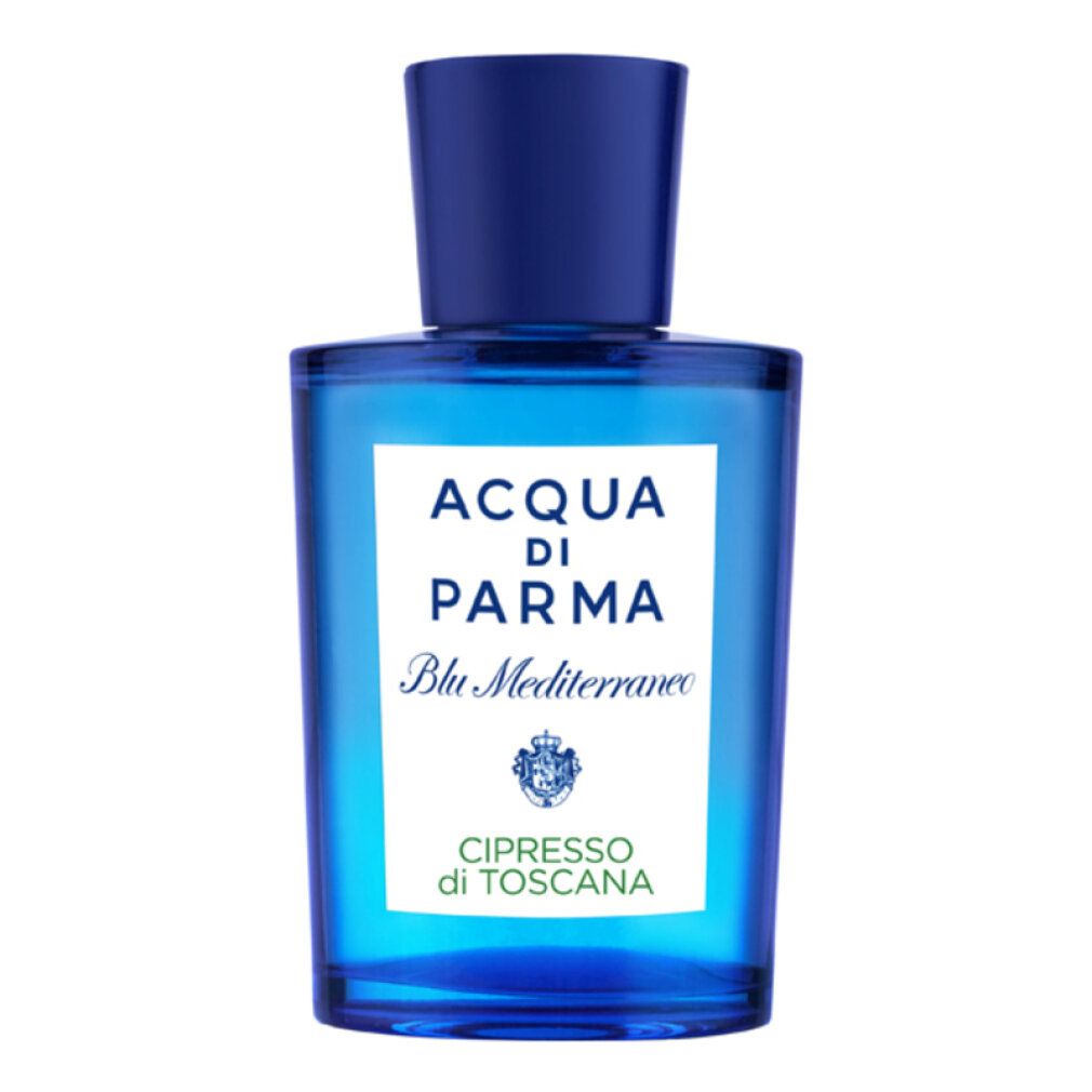 Flacone di vetro blu con tappo blu. L'etichetta riporta "Acqua di Parma Blu Mediterraneo Cipresso di Toscana".