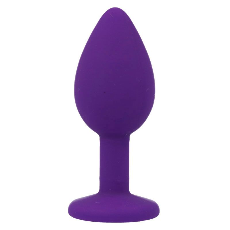 Plug anale viola in silicone con ampia flangia, vista frontale.