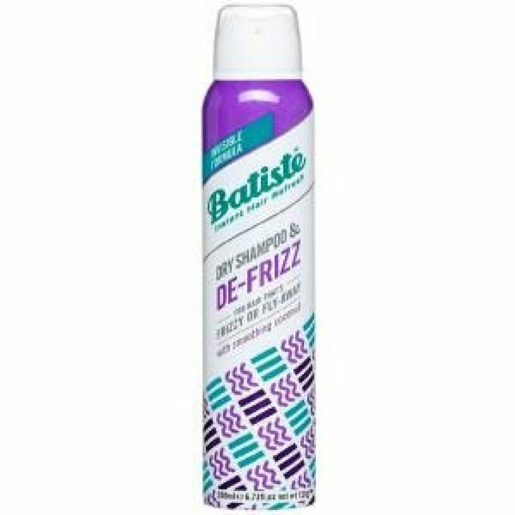 Batiste shampoo secco De-Frizz. Flacone viola con tappo bianco. Testo: Instant Hair Refresh, Dry Shampoo & De-Frizz.