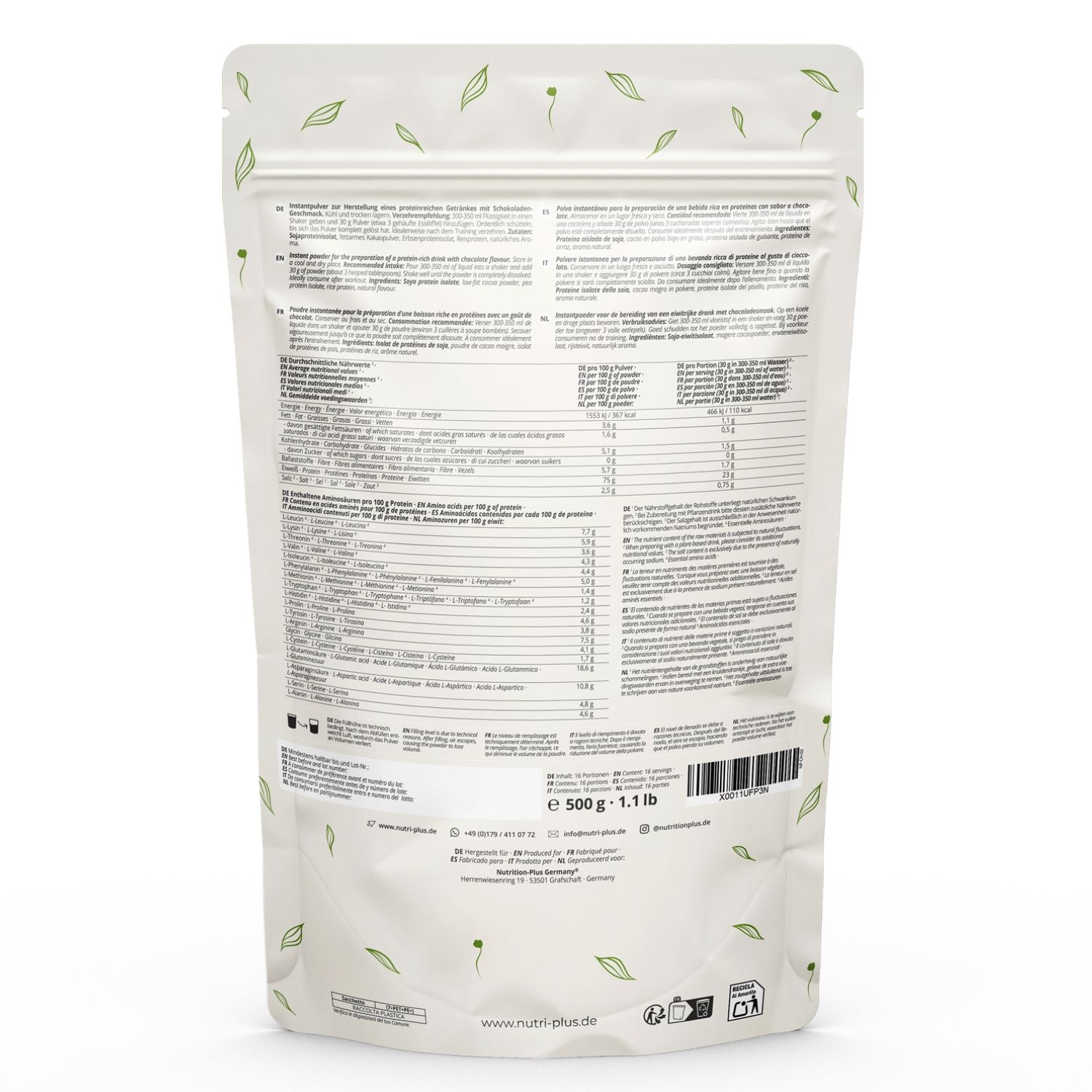 Retro della confezione di nutri+ Nature's Protein Powder. Contiene informazioni nutrizionali e ingredienti.