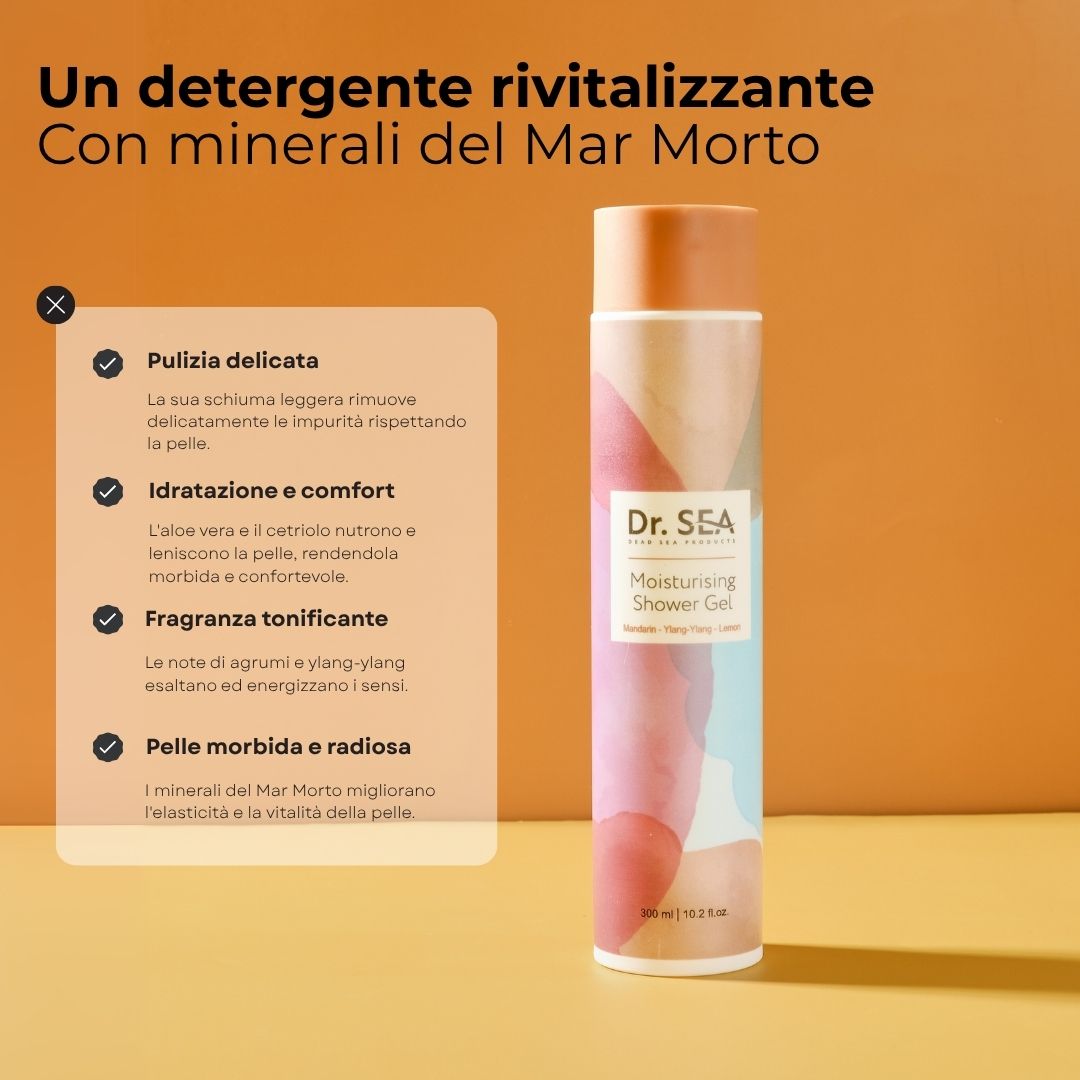 Flacone con Dr. SEA, Moisturising Shower Gel. Testo: Un detergente rivitalizzante. Ingredienti e benefici.