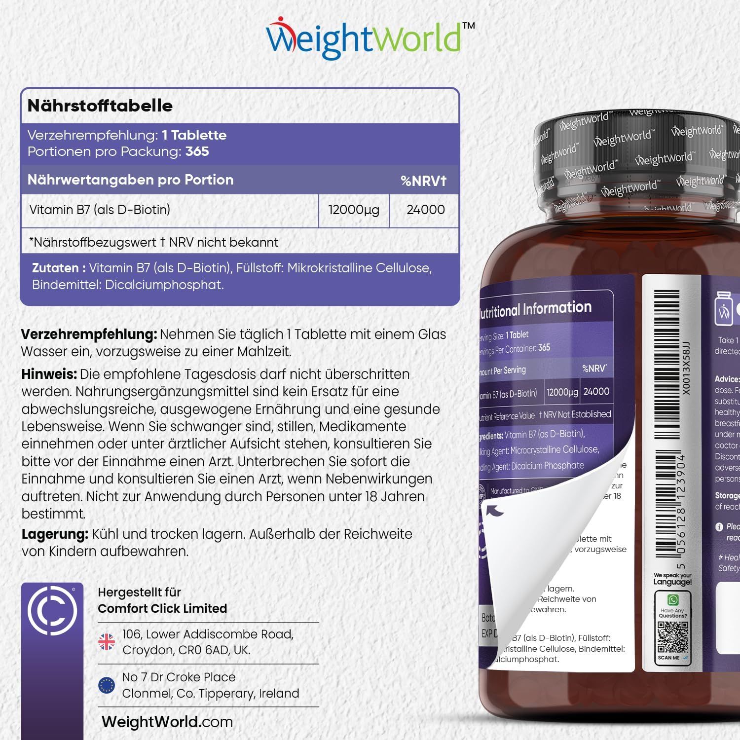 Retro del flacone BIOTINA. Testo: Tabella nutrizionale, raccomandazioni per l'uso, ingredienti. Codice QR e indirizzo.