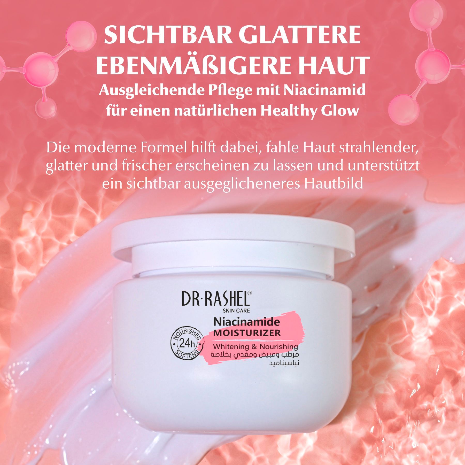 Dr. Rashel Niacinamide Moisturizer in vaso bianco con accenti rosa.