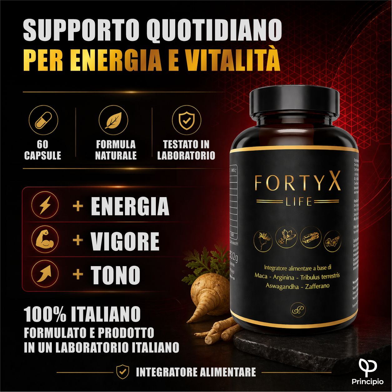 Flacone marrone di capsule. Testo: FORTYX LIFE, 60 capsule, formula naturale, testato in laboratorio. Ingredienti: Maca, Arginina, Tribulus, Ashwagandha, Zafferano.