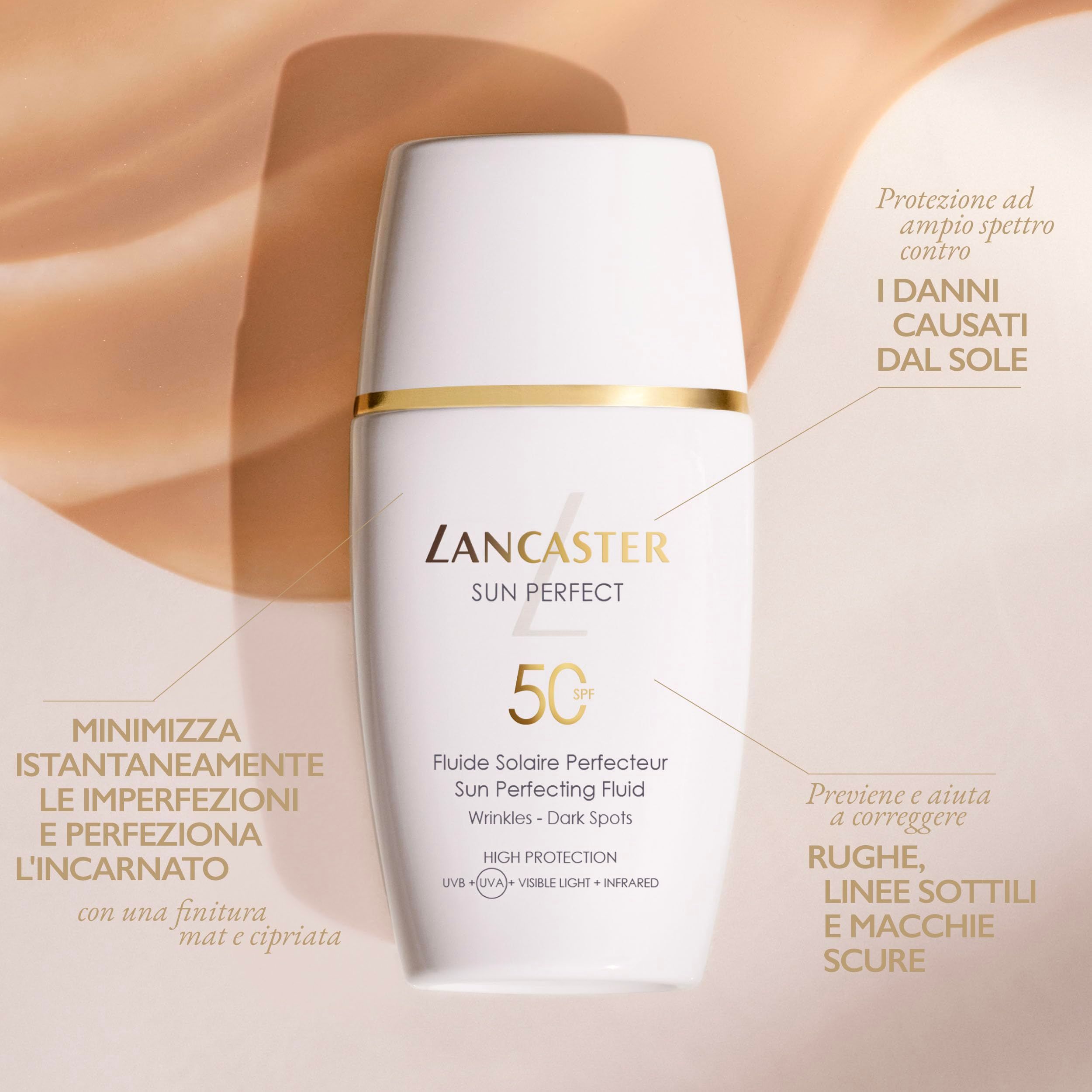 Flacone bianco con testo e illustrazioni. Visibili "LANCASTER SUN PERFECT" e "50 SPF". Testo in italiano.