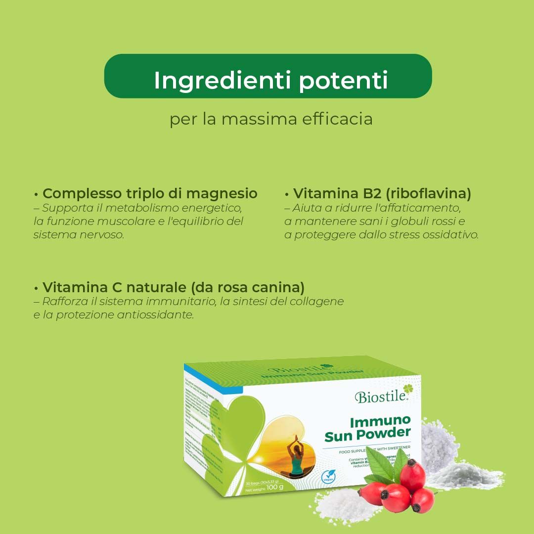 Ingredienti di Biostile Immuno Sun Powder. Complesso di magnesio triplo, vitamina C naturale, vitamina B2. Confezione del prodotto.