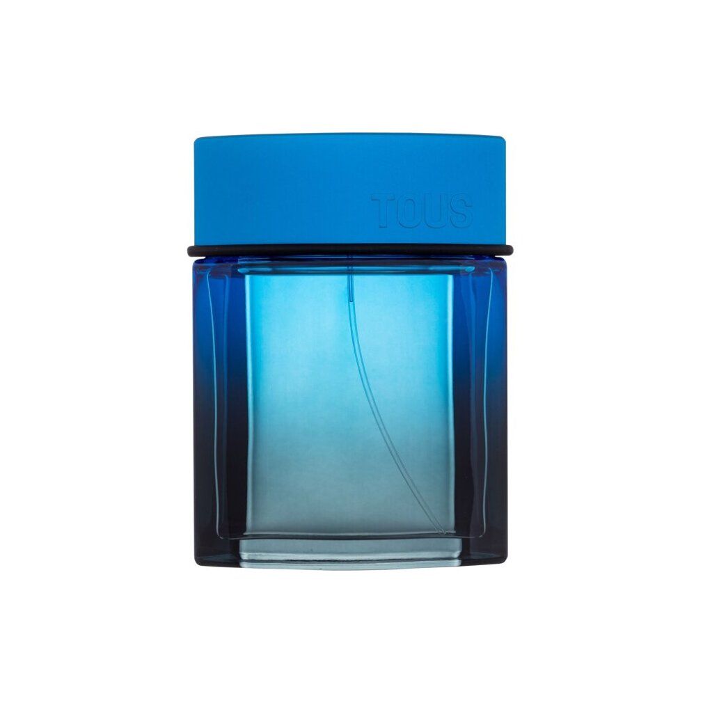 Flacone blu trasparente con tappo blu e bordo nero.