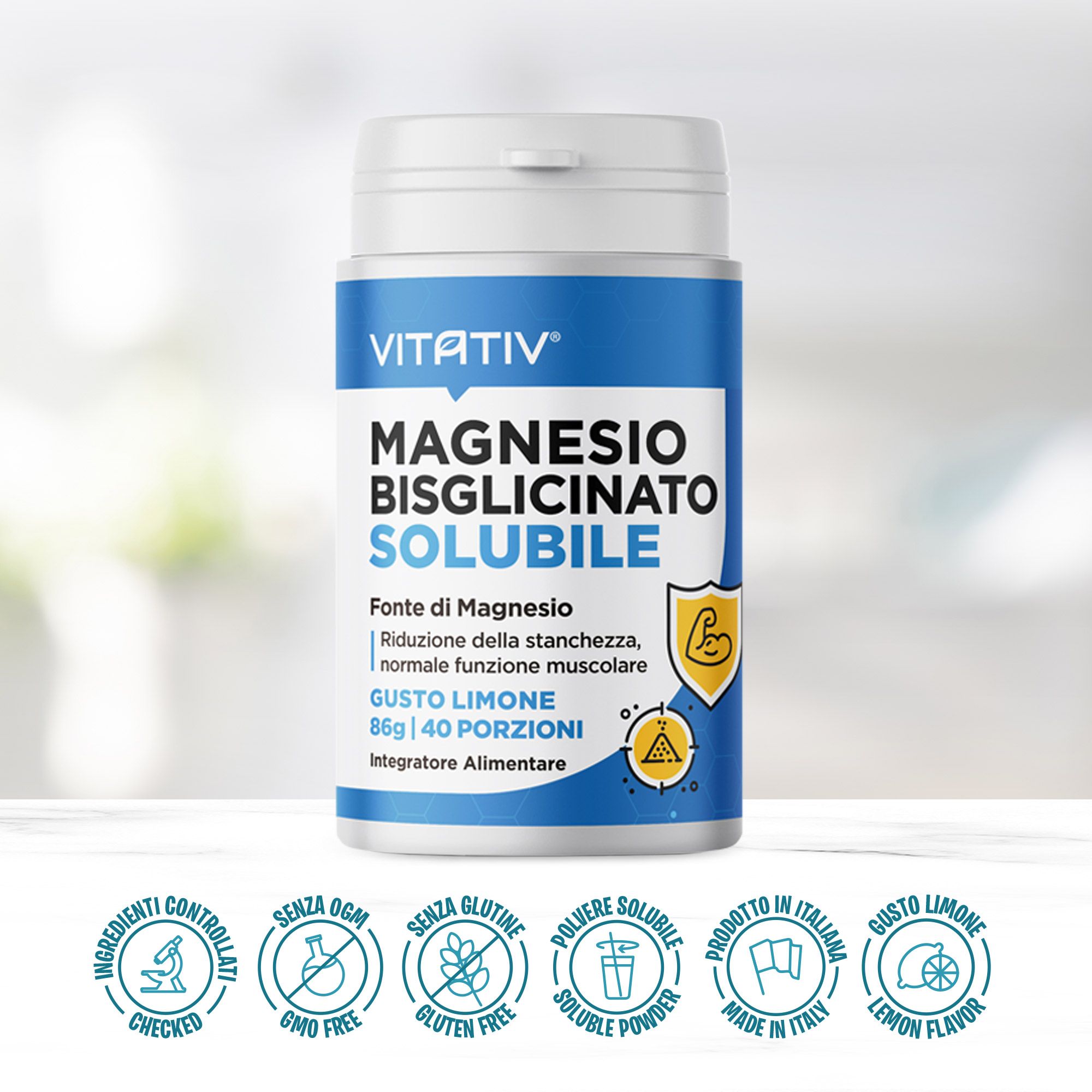 Vitativ Magnesio Bisglicinato Solubile, gusto limone, 86g, 40 porzioni. Senza glutine, senza OGM.