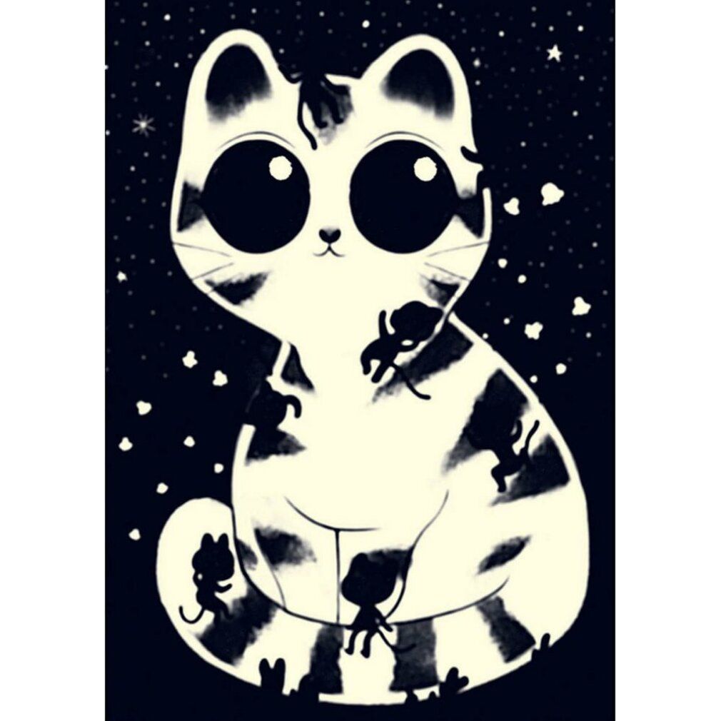 Illustrazione di un gatto con gattini, cielo stellato. Gatto e gattini brillano al buio. Carino.