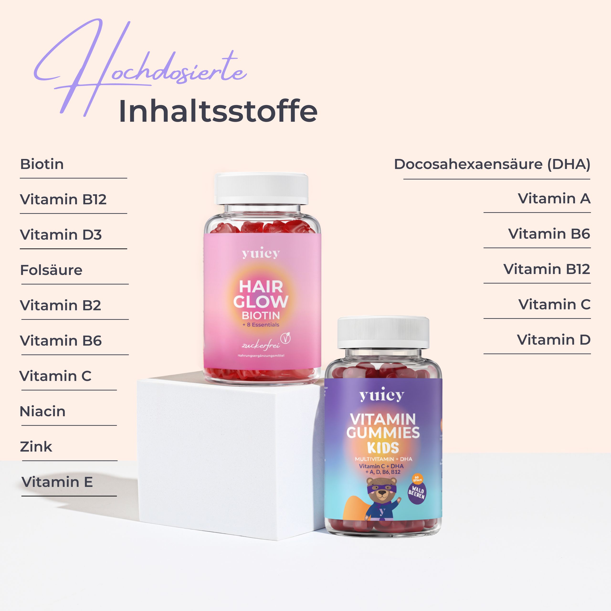 Due bottiglie yuicy® con elenco ingredienti. Scritta: Hair Glow e Vitamin Gummies Kids. Ingredienti: Biotina, Vitamina B12, Vitamina D3, Acido folico.