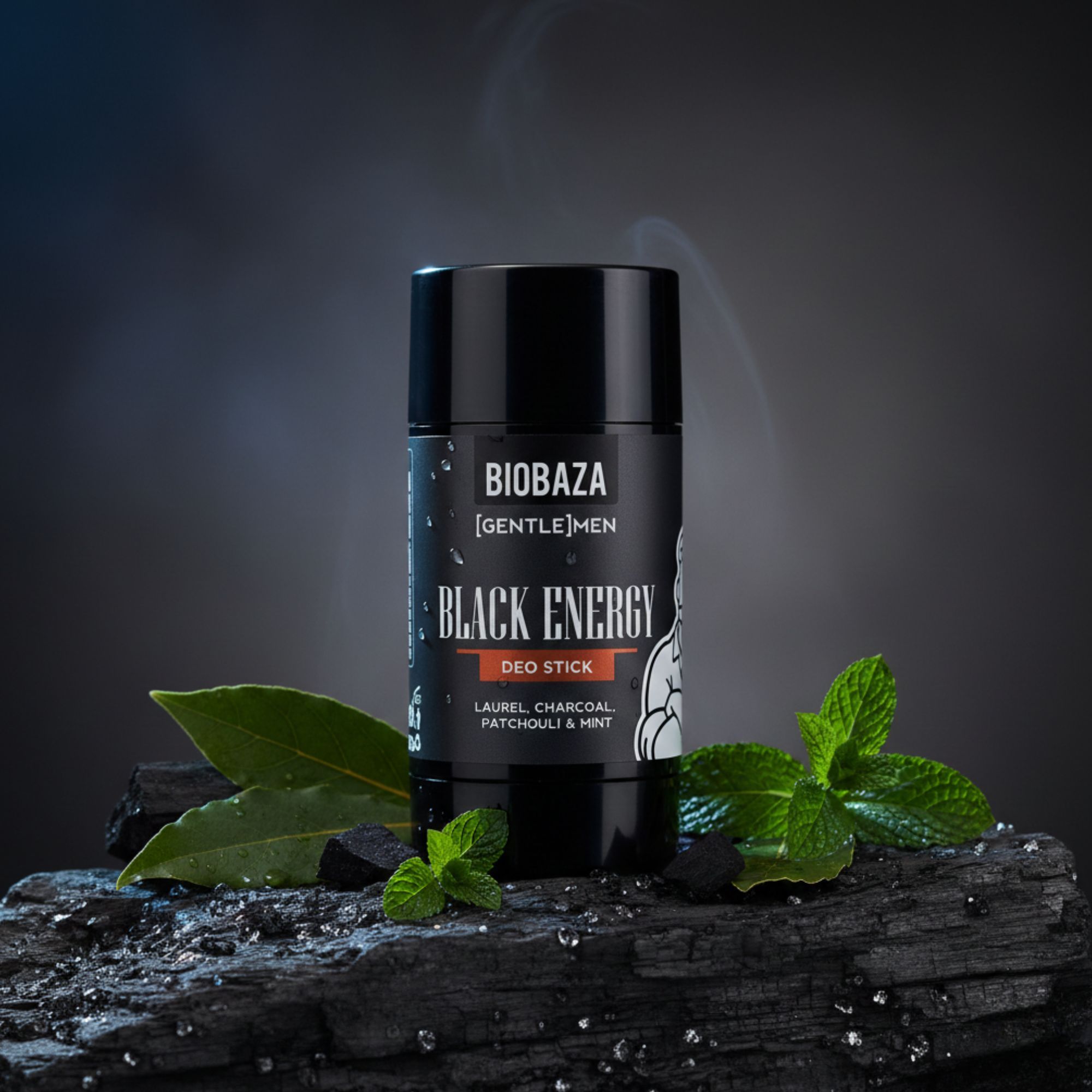 Stick deodorante nero su una pietra, circondato da foglie. Scritta: Black Energy, Biobaza.