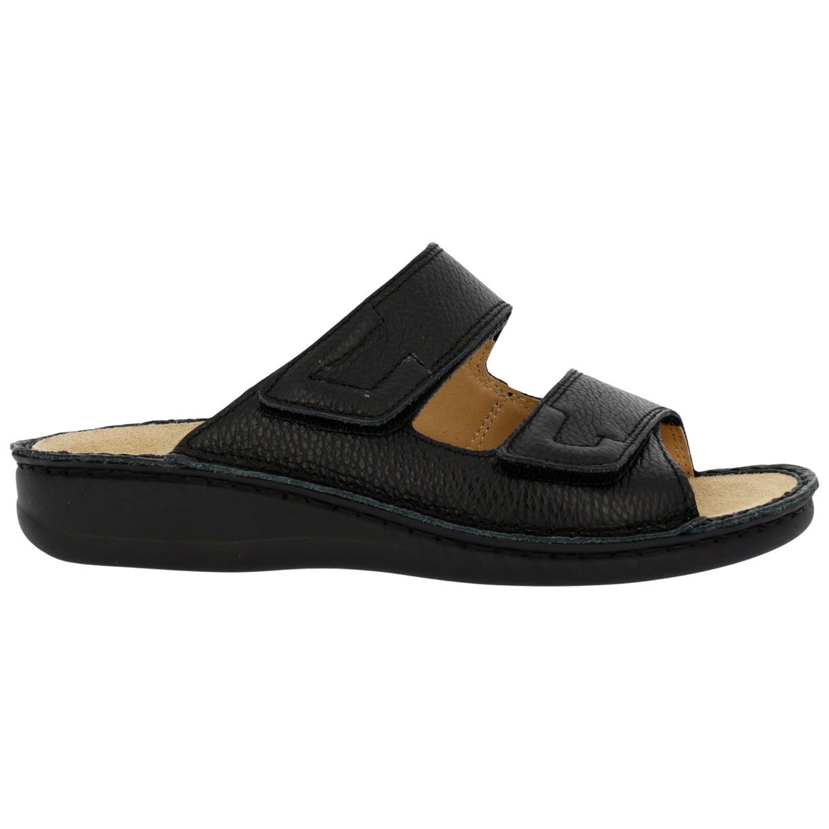 Sandalo nero con due chiusure a strappo. Sottopiede beige. Aspetto pelle. Vista laterale.