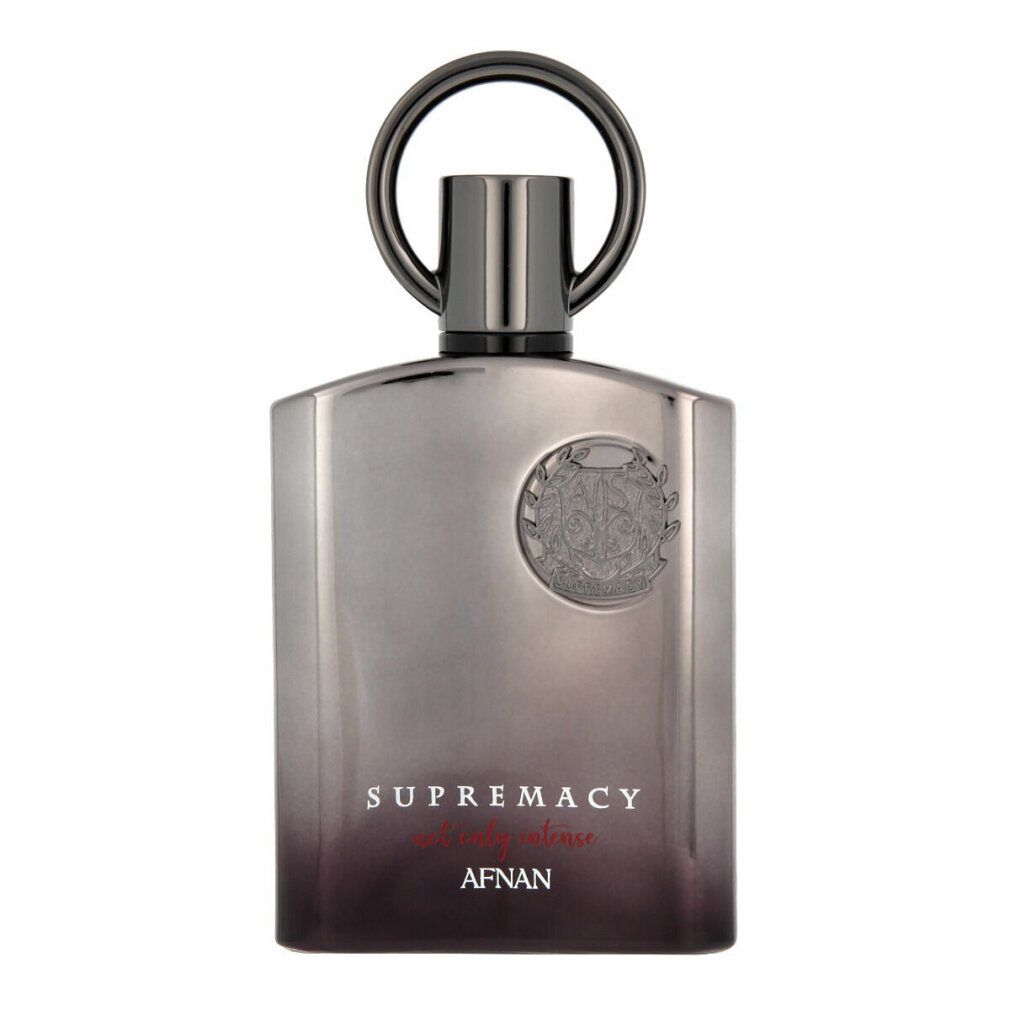 Flacone di profumo. Flacone grigio, forma arrotondata, tappo nero. Scritta: Supremacy, Afnan.