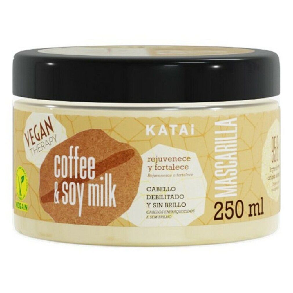 Barattolo di crema con coperchio nero. Scritta: Katai, coffee & soy milk, Mascarilla, 250 ml. Logo vegan.