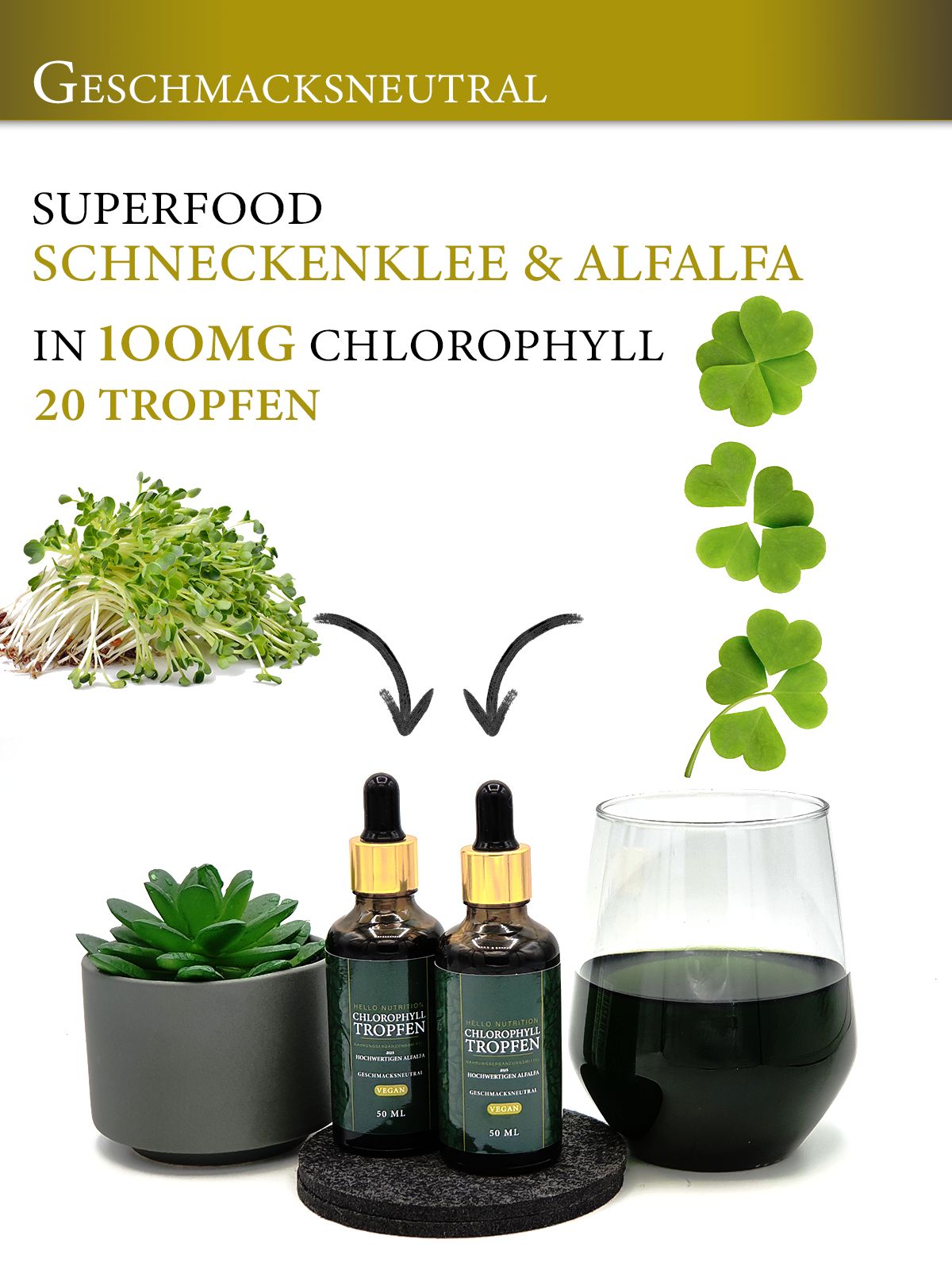 Due flaconi di Chlorophyll Tropfen, un bicchiere di liquido verde, trifogli e germogli. Su un sottobicchiere nero.