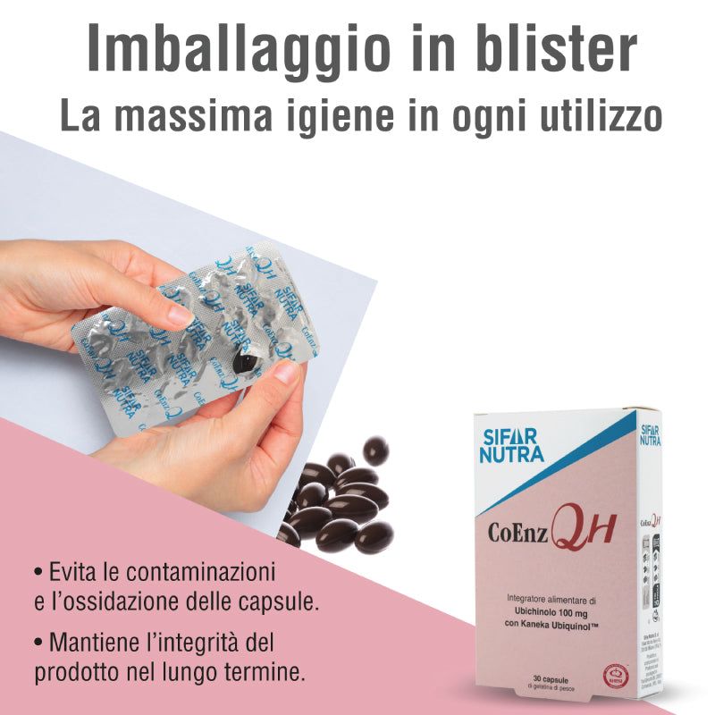Mani che tengono blister di capsule. Confezione Sifar Nutra CoEnz QH. Testo: Massima igiene.