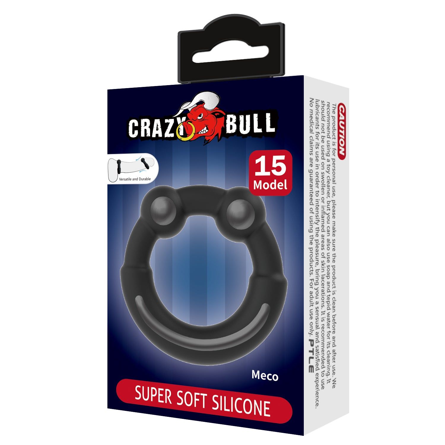 Confezione con anello nero. Testo: 'CRAZY BULL', '15 Model', 'Meco', 'SUPER SOFT SILICONE'.