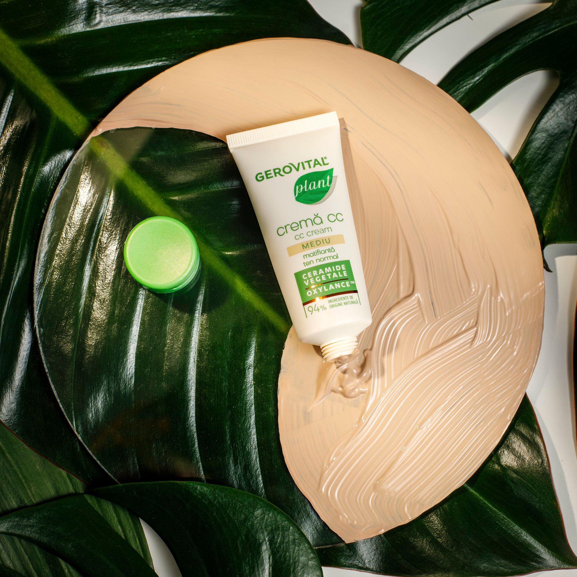 Tubo di crema CC su superficie color crema, con un coperchio verde. Posizionato su foglie.